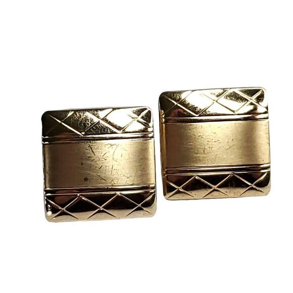 Vintage Goldtone Square Cufflinks Criss Cross Argyle Lines Brushed Center - Picture 1 of 2